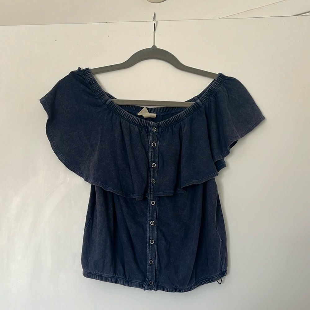 NWOT Free People We The Free Off Shoulder Faded Denim Wash Blouse